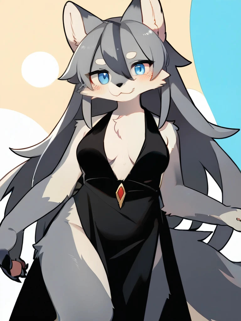 score_8_up, score_7_up, score_6, source_furry, source_anime, ((furry, kemono, anthro)), solo, solo focus, female wolf, gray fur, fluffy fur, fluffy tail, dark gray hair, gray body, light blue eyes, very long hair, revealing clothes, dress, cosplay, abstract background, seductive, blush