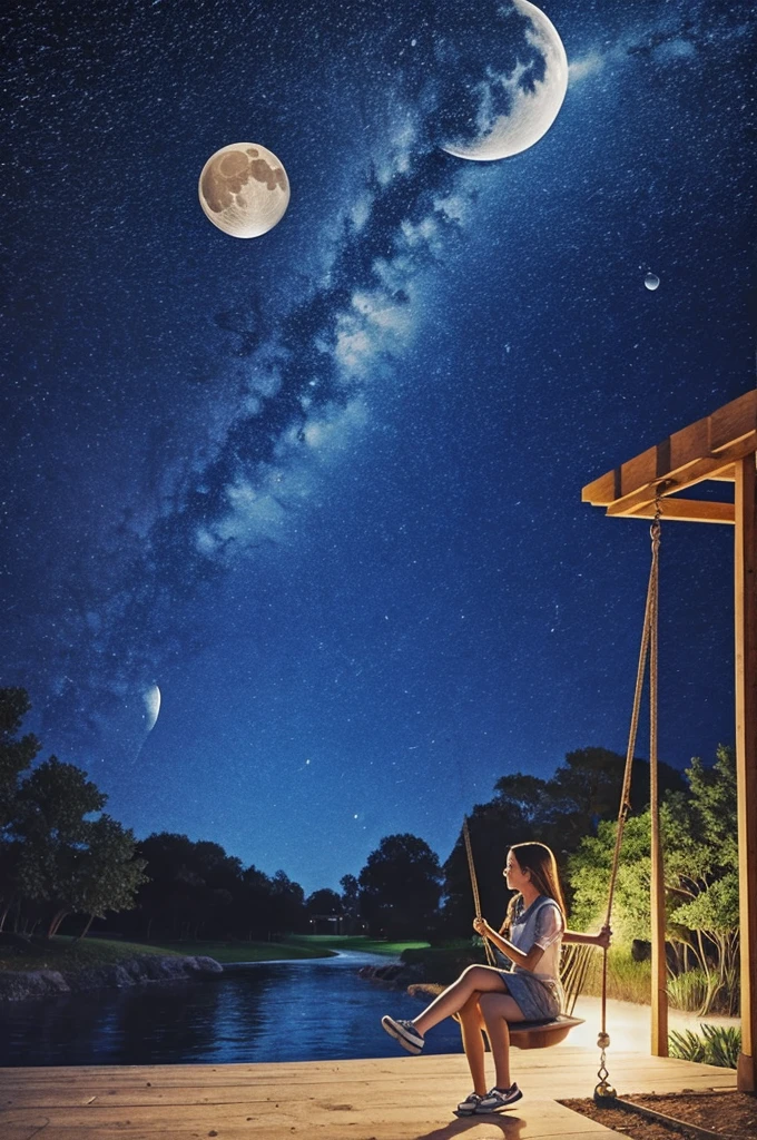 Drawing of a girl sitting on a swing watching the moon
