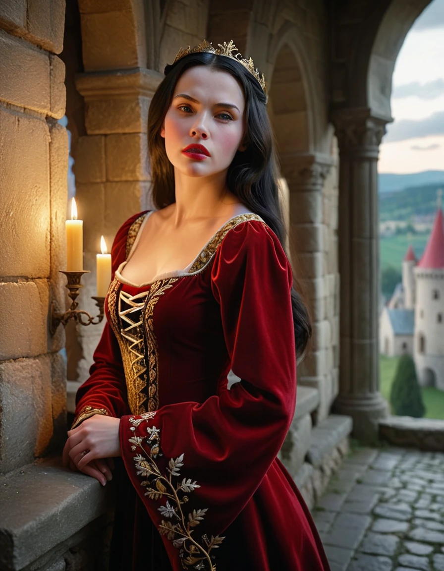 A beautiful young Snow White with long flowing dark hair, wearing a flowing red velvet dress with golden embroidery, standing in a grand medieval castle, (best quality,8k,highres,masterpiece:1.2), ultra-detailed, (realistic, photorealistic, photo-realistic:1.37), detailed facial features, porcelain skin, delicate features, majestic stone walls, flickering candlelight, stained glass windows, dramatic lighting, fantasy, magical, ethereal