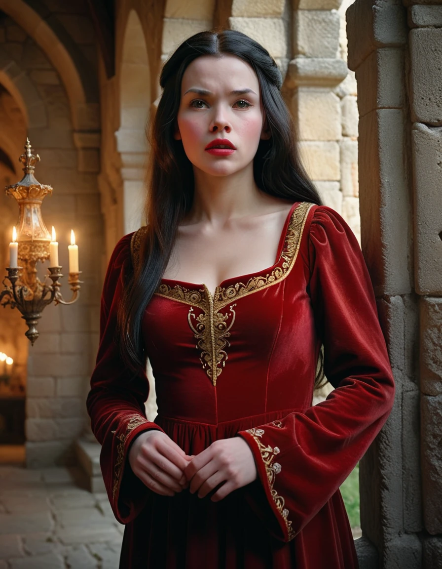 A beautiful young Snow White with long flowing dark hair, wearing a flowing red velvet dress with golden embroidery, standing in a grand medieval castle, (best quality,8k,highres,masterpiece:1.2), ultra-detailed, (realistic, photorealistic, photo-realistic:1.37), detailed facial features, porcelain skin, delicate features, majestic stone walls, flickering candlelight, stained glass windows, dramatic lighting, fantasy, magical, ethereal