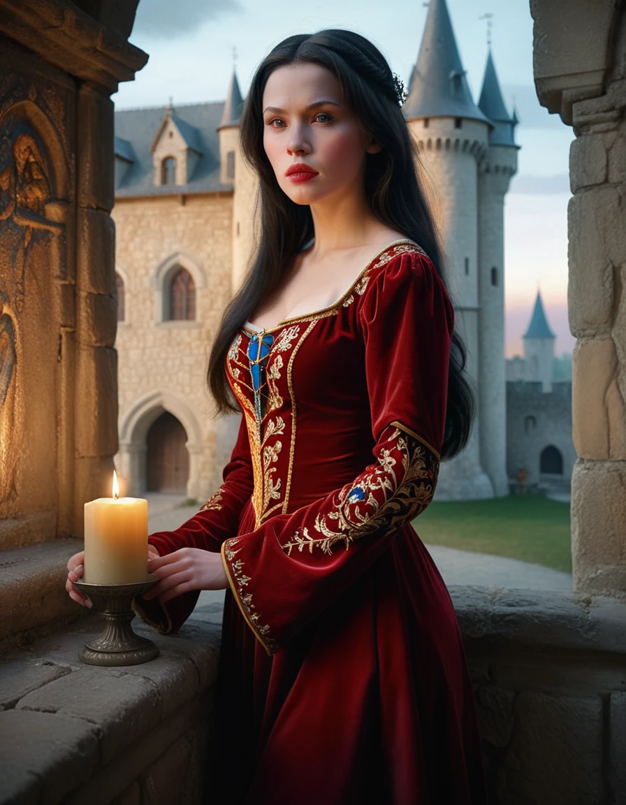 A beautiful young Snow White with long flowing dark hair, wearing a flowing red velvet dress with golden embroidery, standing in a grand medieval castle, (best quality,8k,highres,masterpiece:1.2), ultra-detailed, (realistic, photorealistic, photo-realistic:1.37), detailed facial features, porcelain skin, delicate features, majestic stone walls, flickering candlelight, stained glass windows, dramatic lighting, fantasy, magical, ethereal