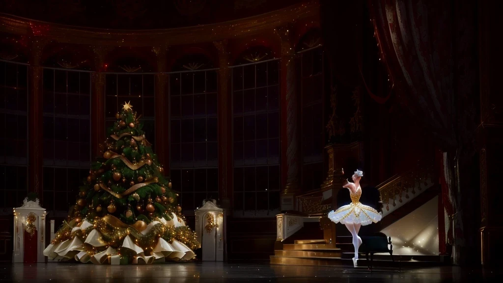 arafed image of a christmas tree, ballet performance photography, !!beautiful!!, full image, yulia nevskaya, by Jeanna bauck, * * *, warm and joyful atmosphere, full details, by Robert Medley, anna nikonova, beautiful!!!, backside of scenography elements