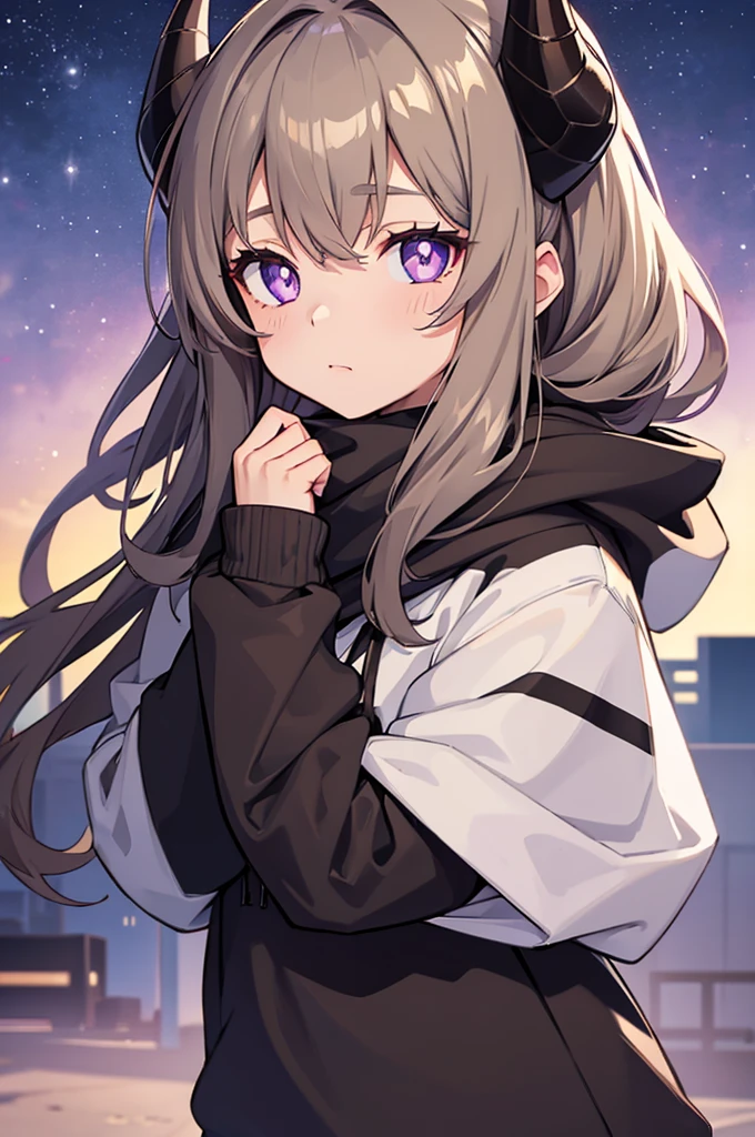 ((best quality)), girl with brown gray hair at shoulder length, black horns, purple eyes with white star pupils, light brown hoodie hoodie with oversized sleeves, hood down, black scarf, anime with no realism