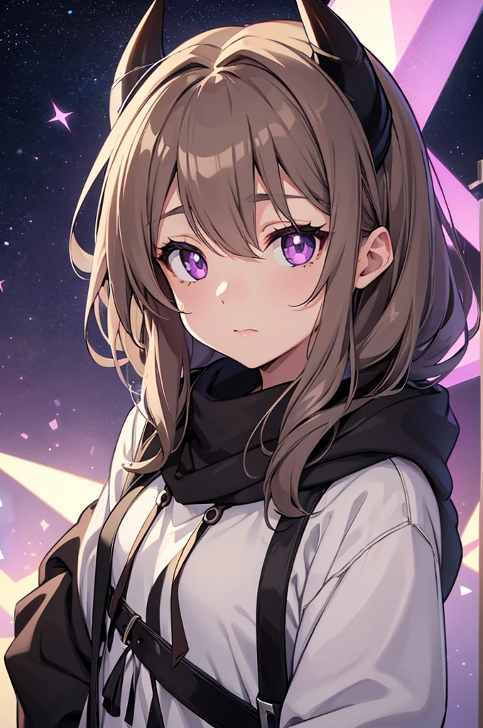 ((best quality)), girl with brown gray hair at shoulder length, black horns, purple eyes with white star pupils, light brown hoodie hoodie with oversized sleeves, hood down, black scarf, anime with no realism