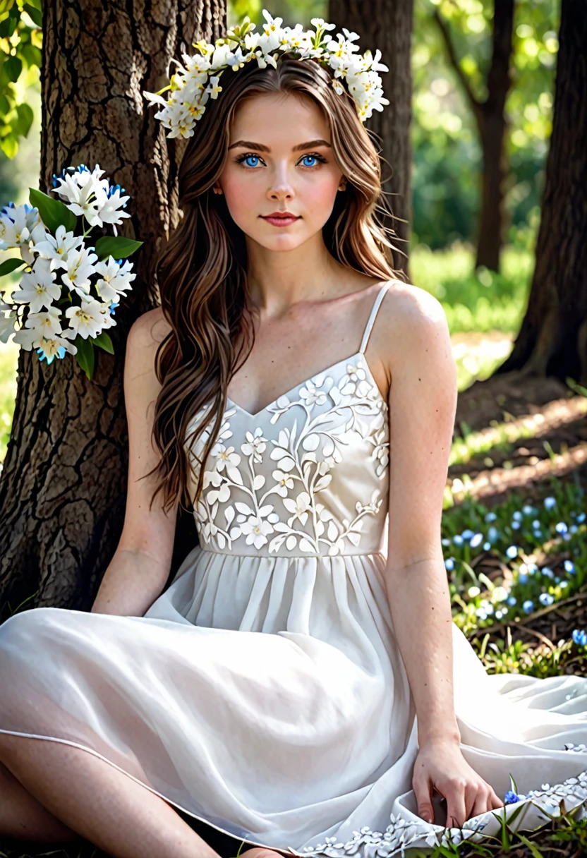 Create a 19 year old woman, brown hair and blue eyes and fair skin, wearing a white dress with flowers as decoration and sitting at the foot of a tree , do the dark drawing 