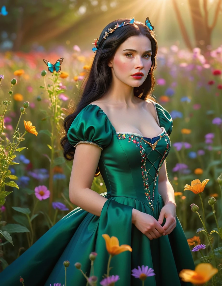 A beautiful young Snow White with long flowing dark hair, wearing a sparkling emerald green gown, standing in a vibrant flower meadow, (best quality,8k,highres,masterpiece:1.2), ultra-detailed, (realistic, photorealistic, photo-realistic:1.37), detailed facial features, porcelain skin, delicate features, colorful wildflowers, butterflies, golden sunlight, dramatic lighting, fantasy, magical, ethereal