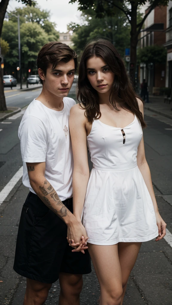 A couple holding hands, the dark girl and the white boy.