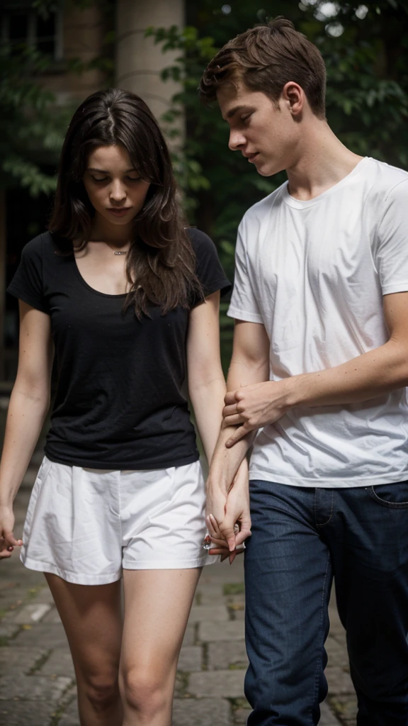 A couple holding hands, the dark girl and the white boy.