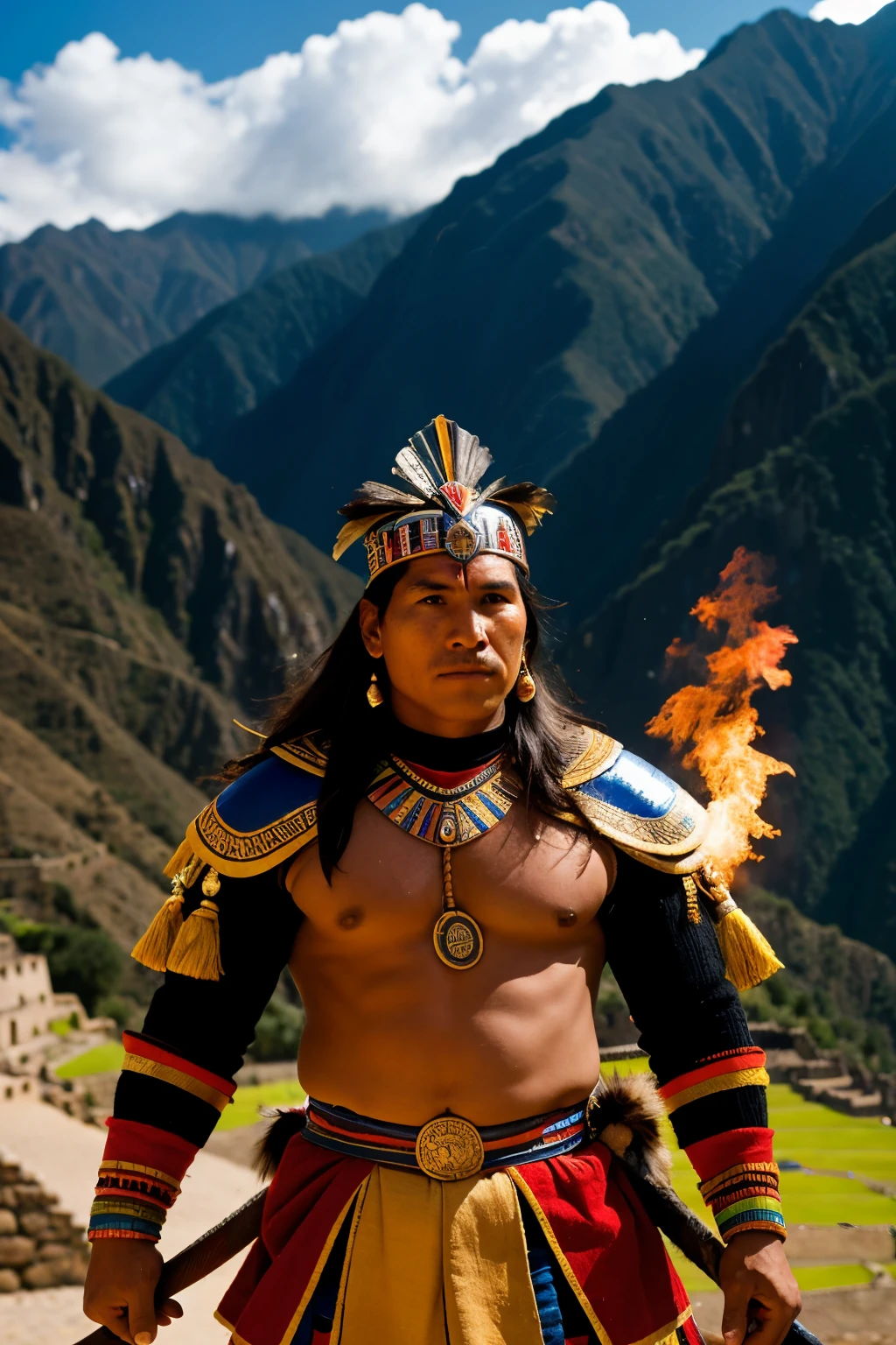 Photograph of an Inca warrior with a fiery sword, about an inca town, fighting with thieves