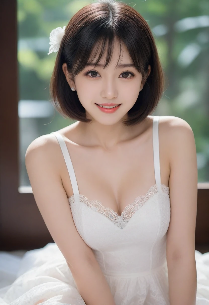 8K, Ultra-high resolution, Highest quality, masterpiece, 三分割法によるphotograph,Surreal, photograph, 1 Girl, (:1.3), pretty girl, Cute face, Beautiful eyes in every detail, 細かくdetailedに,masterpiece,, One Girl:1.2, Japan Female Announcer,whole body, ((Perfect Face)), One Girl、black eye、White dress with black lace, star (null), scenery, Crescent Moon Attractive Thighs, Sensual,A carefree smile,Heal the heart,Black Hair,Short Bob,Looking at the audience、beauty,Long neck、Laugh a little、Please close your mouth and laugh、(((Ideal body type))),A cup small breasts :2,、Portraiture:2、Perfect Anatomy、鮮明なdetailed、detailed、Surreal、Light and shadow,Strong light