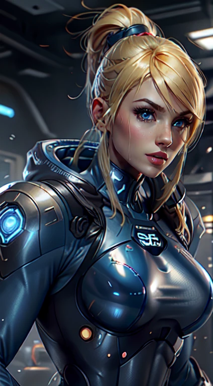 a close up of a woman blond hair in a futuristic blue suit standing next to a robot, cybersuit, cybersuits, diverse cybersuits, cyber suit, unreal engine character art, girl in mecha cyber armor, sci-fi skin, platinum skin, epic sci-fi character art, epic sci - fi character art, energetic varia suit, starcraft 2 videogame character, 8K image quality, Masterpiece