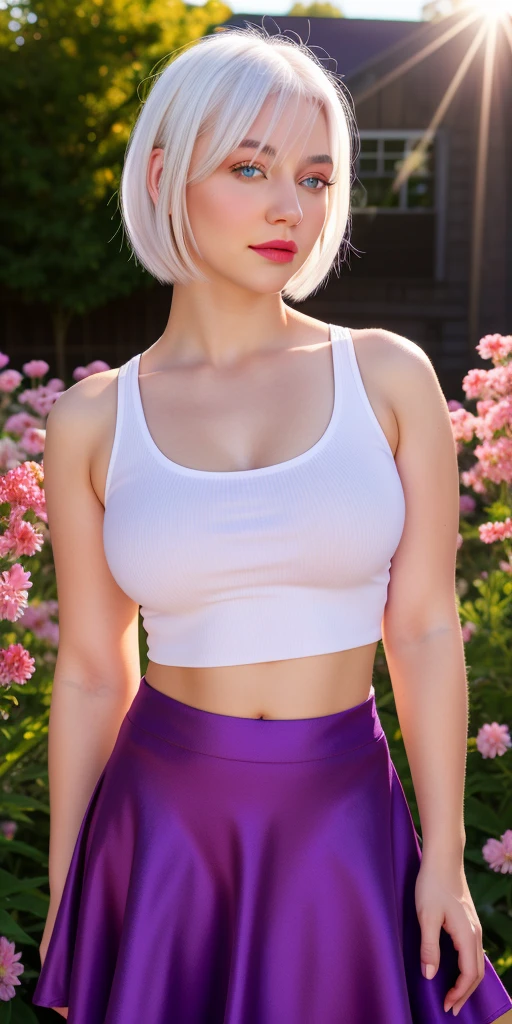 realistic, 1girl, white hair, purple eyes, glowing eyes, crop top, skirt, parted lips, blush, night, flowers, sun, sunlight,