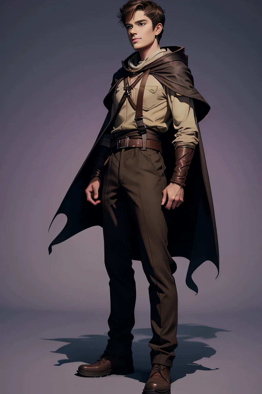 adventurer, Narrow Face, pointed chin, Brown hair, brown eyes, epic Fantasie character concept art, young adult, no beard, short haircut, slim stature, black hooded cape, Hiking clothing fabric , lilac nebel(background), just a trouser belt,