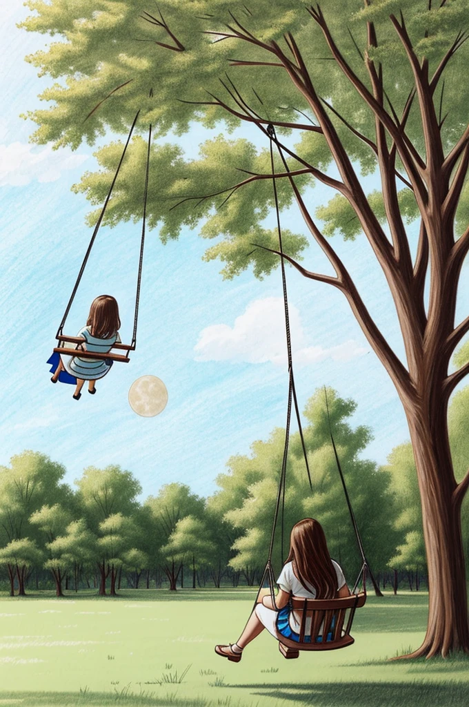 Drawing of a girl watching the moon sitting on a swing under a tree