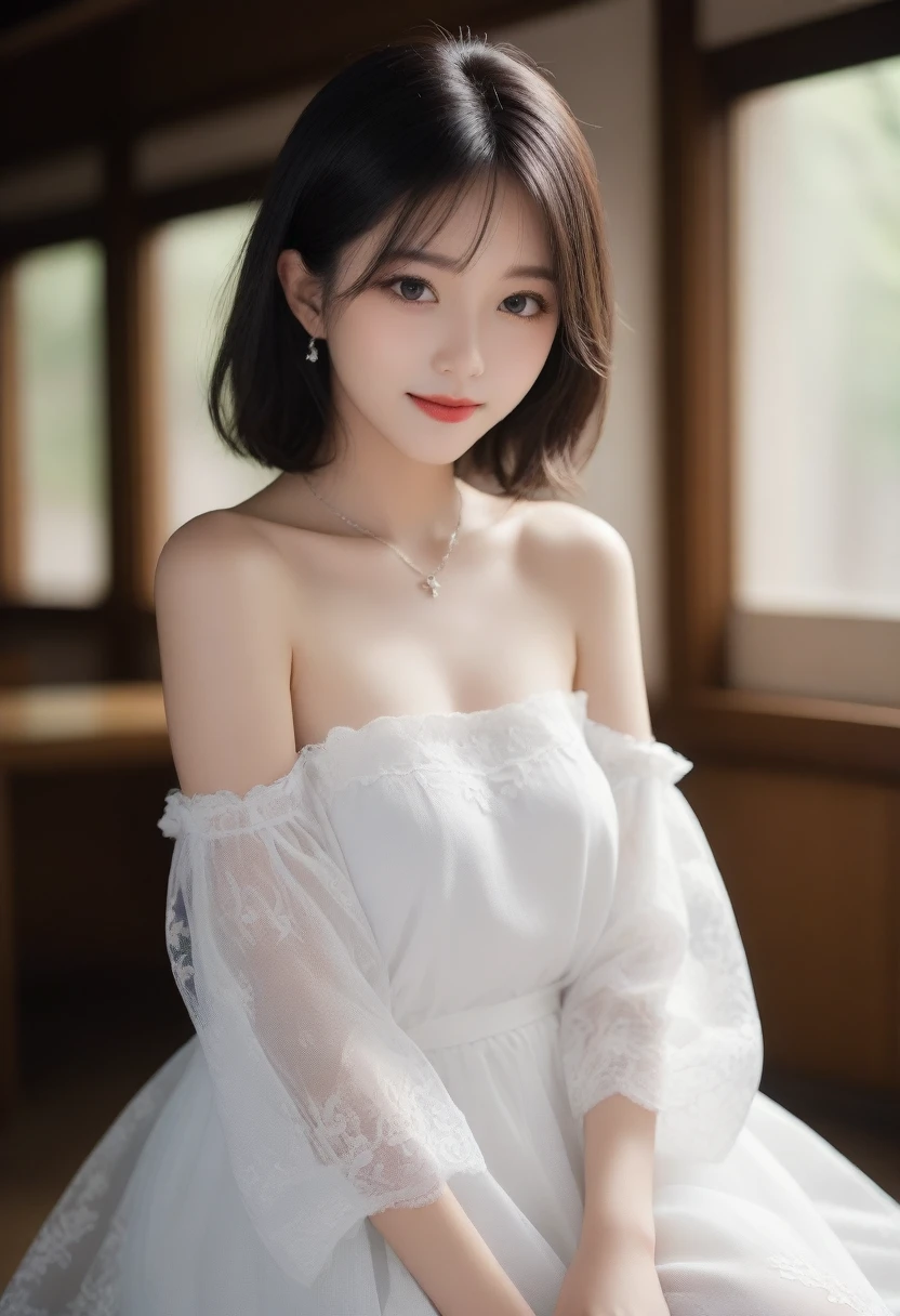 8K, Ultra-high resolution, Highest quality, masterpiece, 三分割法によるphotograph,Surreal, photograph, 1 Girl, (16 years old:1.3), pretty girl, Cute face, Beautiful eyes in every detail, 細かくdetailedに,masterpiece,, One Girl:1.2, Japan Female Announcer,whole body, ((Perfect Face)), One Girl、black eye、White dress with black lace, star (null), scenery, Crescent Moon Attractive Thighs, Sensual,A carefree smile,Heal the heart,Black Hair,Short Bob,Looking at the audience、beauty,Long neck、Laugh a little、Please close your mouth and laugh、(((Ideal body type))),A cup small breasts :2,、Portraiture:2、Perfect Anatomy、鮮明なdetailed、detailed、Surreal、Light and shadow,Strong light
