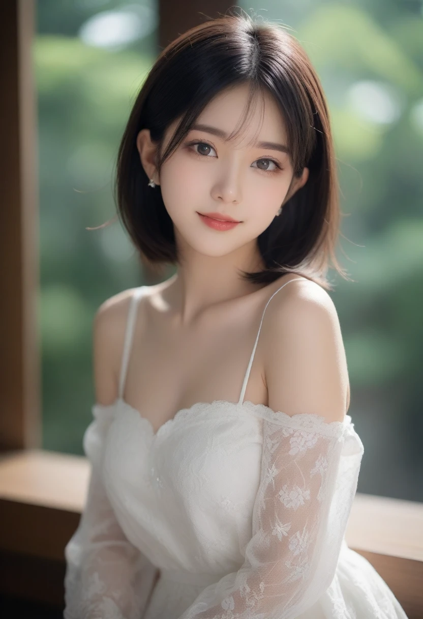 8K, Ultra-high resolution, Highest quality, masterpiece, 三分割法によるphotograph,Surreal, photograph, 1 Girl, (:1.3), pretty girl, Cute face, Beautiful eyes in every detail, 細かくdetailedに,masterpiece,, One Girl:1.2, Japan Female Announcer,whole body, ((Perfect Face)), One Girl、black eye、White dress with black lace, star (null), scenery, Crescent Moon Attractive Thighs, Sensual,A carefree smile,Heal the heart,Black Hair,Short Bob,Looking at the audience、beauty,Long neck、Laugh a little、Please close your mouth and laugh、(((Ideal body type))),A cup small breasts :2,、Portraiture:2、Perfect Anatomy、鮮明なdetailed、detailed、Surreal、Light and shadow,Strong light