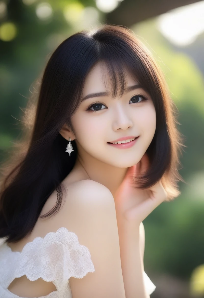 8K, Ultra-high resolution, Highest quality, masterpiece, 三分割法によるphotograph,Surreal, photograph, 1 Girl, (16 years old:1.3), pretty girl, Cute face, Beautiful eyes in every detail, 細かくdetailedに,masterpiece,, One Girl:1.2, Japan Female Announcer,whole body, ((Perfect Face)), One Girl、black eye、White dress with black lace, star (null), scenery, Crescent Moon Attractive Thighs, Sensual,A carefree smile,Heal the heart,Black Hair,Short Bob,Looking at the audience、beauty,Long neck、Laugh a little、Please close your mouth and laugh、(((Ideal body type))),A cup small breasts :2,、Portraiture:2、Perfect Anatomy、鮮明なdetailed、detailed、Surreal、Light and shadow,Strong light 