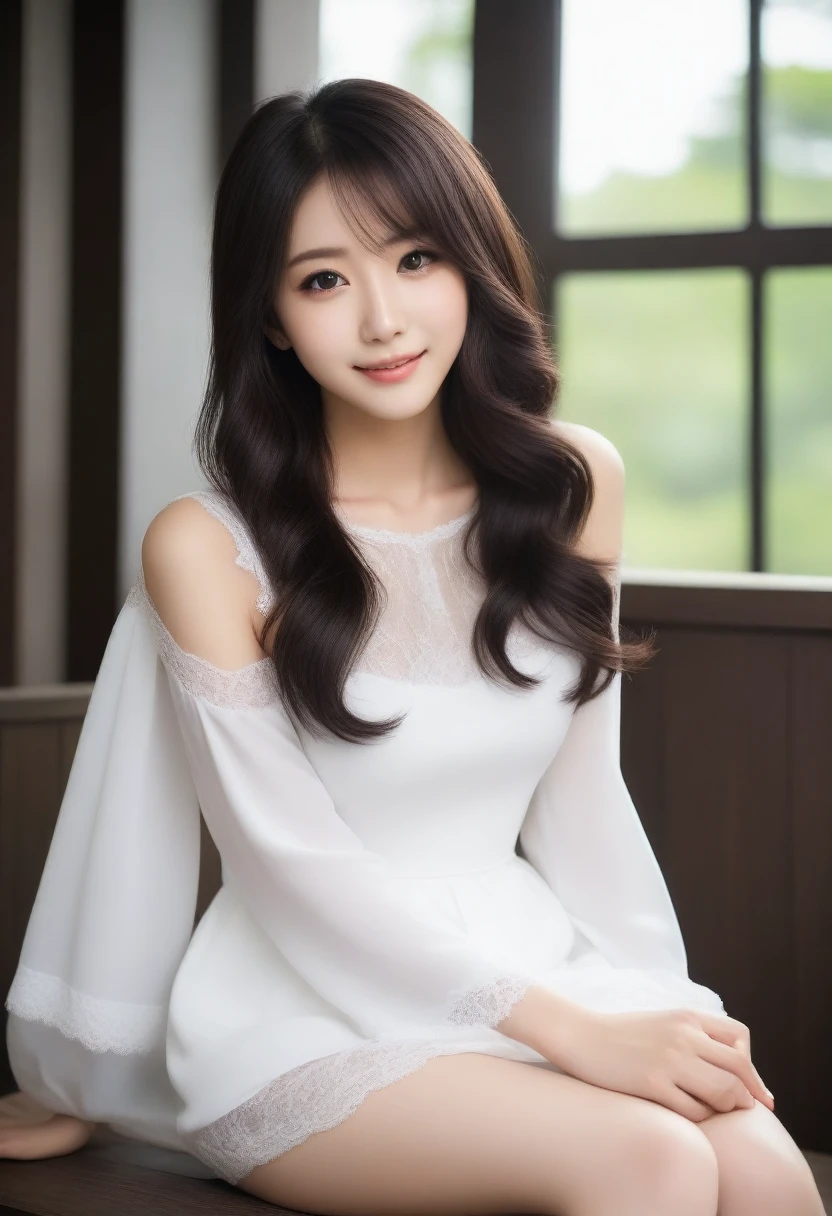 8K, Ultra-high resolution, Highest quality, masterpiece, 三分割法によるphotograph,Surreal, photograph, 1 Girl, (:1.3), pretty girl, Cute face, Beautiful eyes in every detail, 細かくdetailedに,masterpiece,, One Girl:1.2, Japan Female Announcer,whole body, ((Perfect Face)), One Girl、black eye、White dress with black lace, star (null), scenery, Crescent Moon Attractive Thighs, Sensual,A carefree smile,Heal the heart,Black Hair,Short Bob,Looking at the audience、beauty,Long neck、Laugh a little、Please close your mouth and laugh、(((Ideal body type))),A cup small breasts :2,、Portraiture:2、Perfect Anatomy、鮮明なdetailed、detailed、Surreal、Light and shadow,Strong light