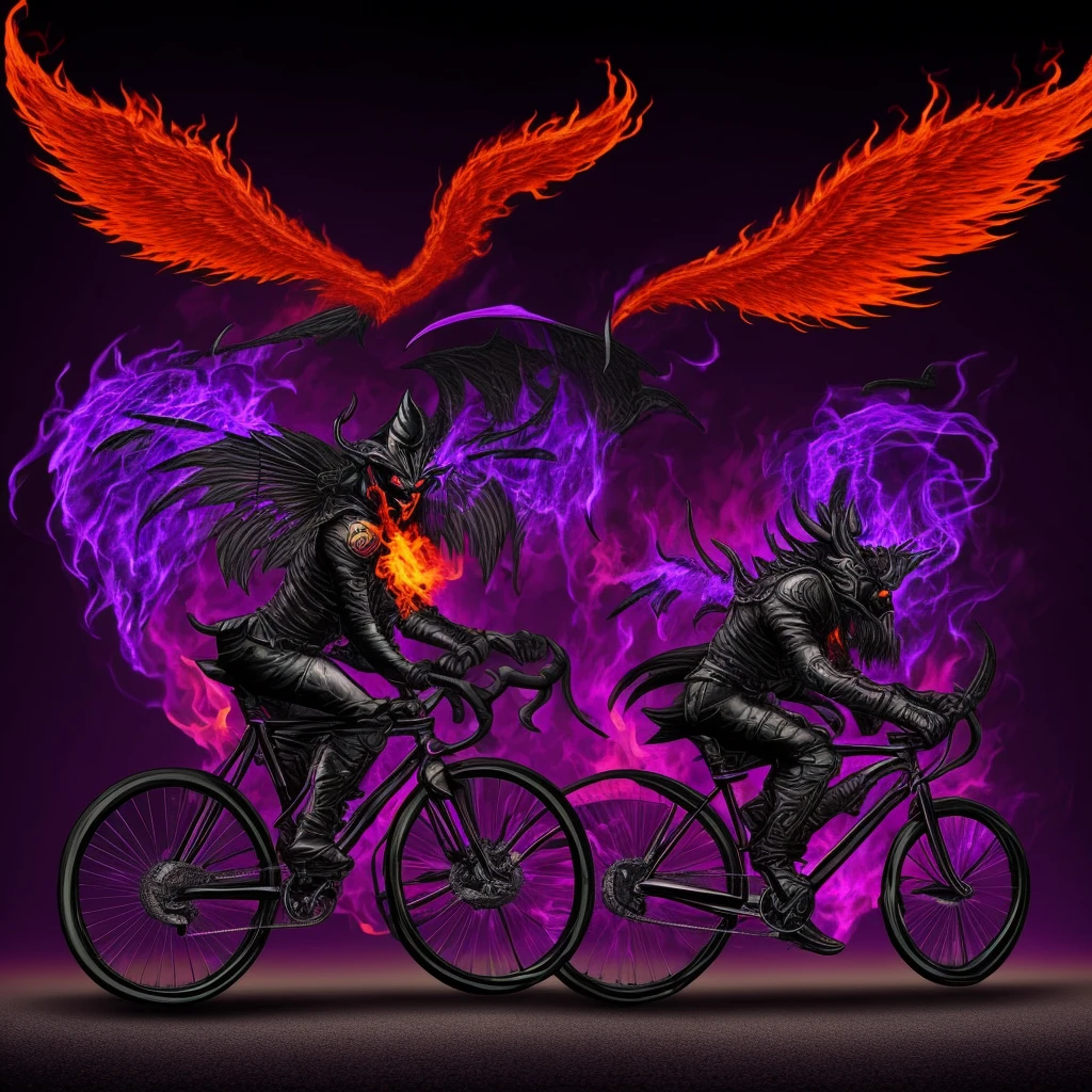 Draw a demon with fiery wings, riding a bicycle. Let the bike leave trails of fire. The bike is neat, road type. Side view. Main color - purple, the background is black.