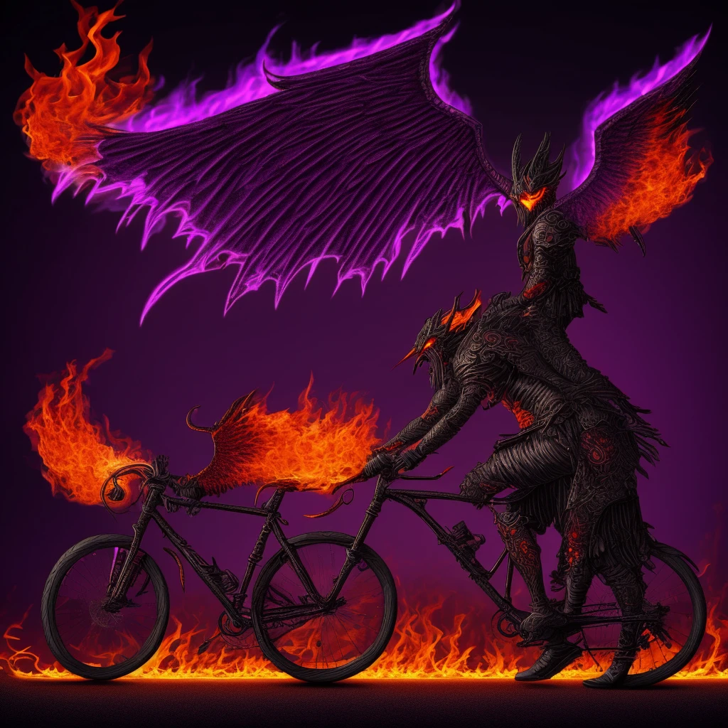 Draw a demon with fiery wings, riding a bicycle. Let the bike leave trails of fire. The bike is neat, road type. Side view. Main color - purple, the background is black.