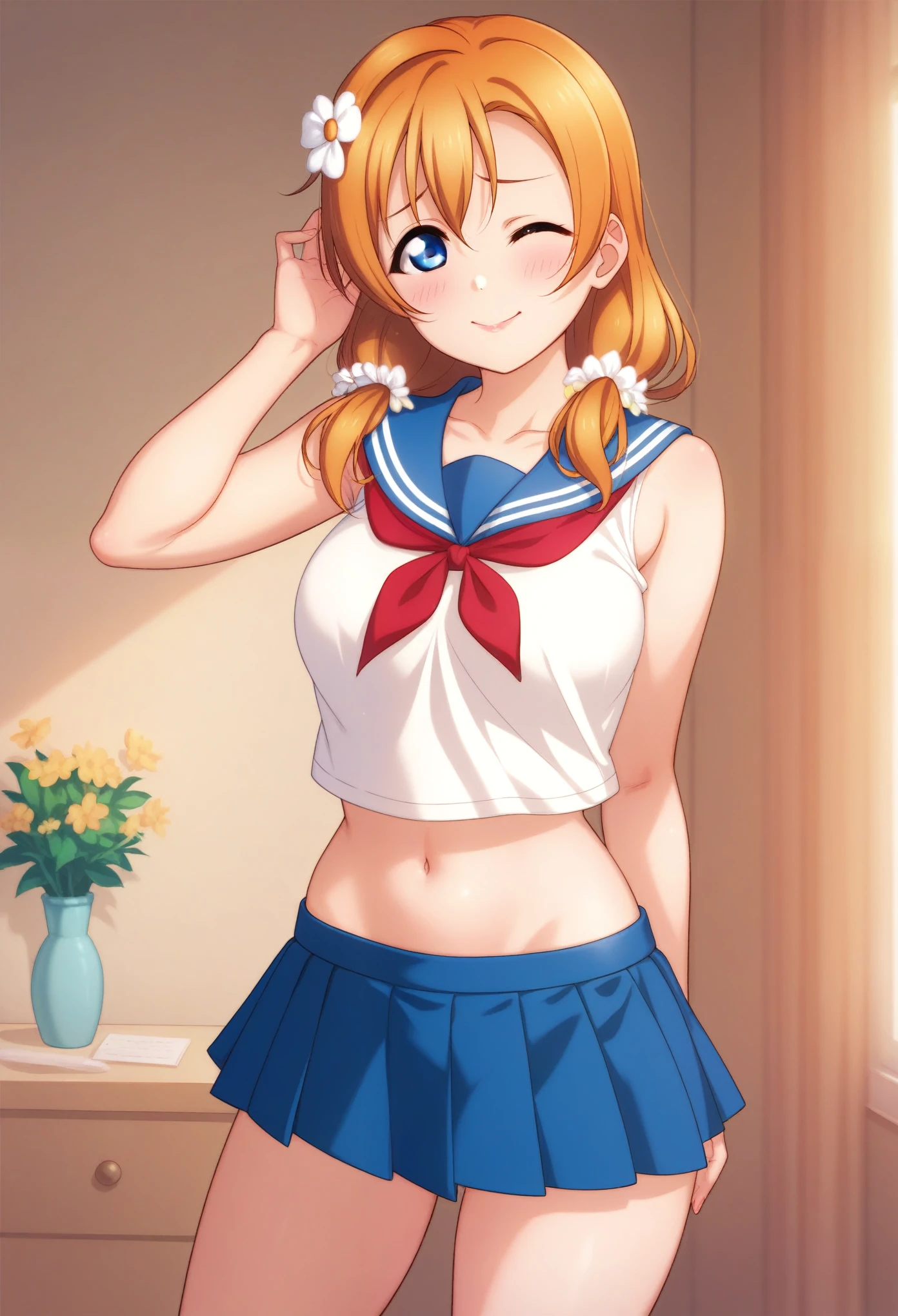 Honoka kousaka love live, cowboy shot, blue eyes, orange hair,hair flower, solo, sailor top, sleeveless, breasts, micro skirt, perfect eyes, Perfect iris，Perfect skin，Soft front light，indoors；（pastel colour:1.2),(lipstick:0.8) ,sexy pose,wink, standing, mommy,low twintails, curvy thicc body , Long hair , blushing ,shy, crotch 