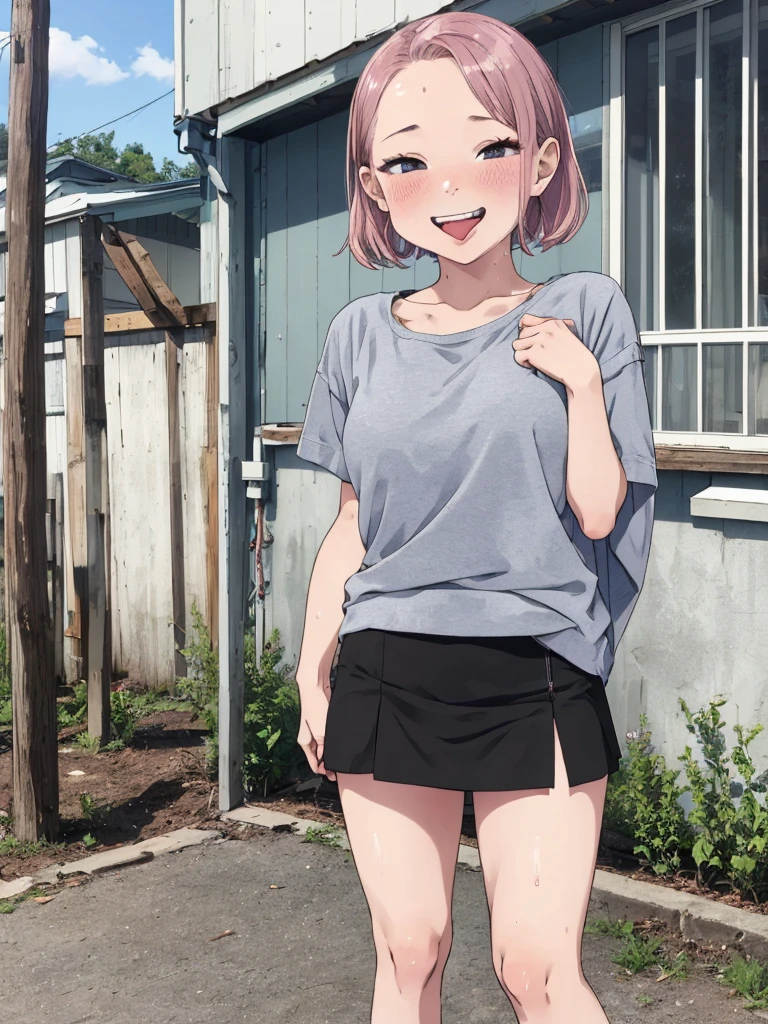 1girl,,,outdoor,casual clothes,,socks,small breasts,,standing,looking viewer,open mouth,tongue,,miniskirt,grin,blush,sweating,off shoulder,navel