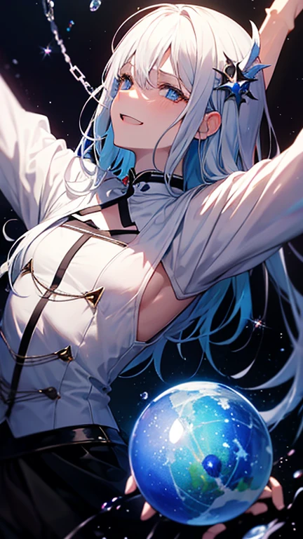 １The White Magician,Looking up at the black sphere,Laugh wickedly,Pleasure,lament,Elevation,villain,Low - Angle,Disaster at your fingertips々A dark sphere,The front of your body faces the viewer,Stretch your arms out to the sphere