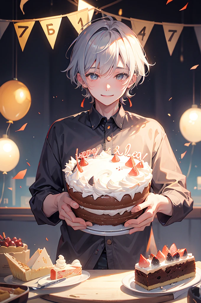 Celebrate a birthday,chum,Kizuna element,Young men,a cake,a smile,Gray Hair