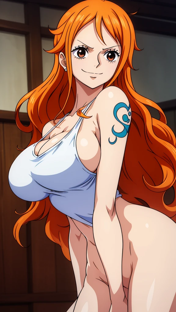 Nami, Create an image of Nami from One Piece with the following characteristics: Beautiful girl, beautiful face, teen girl, tall, slim, sexy, thin, large breasts, big breasts, large boobs, big boobs, very slim waist, sexy hips, slim abs, beautiful brown eyes, blushing cheeks, small nose, thin lips, double eyelid, super thin face and eyes, pinkish white skin, beautiful skin, healthy glowing skin, long wavy hair, bright orange hair, light orange and yellowish hair, Nami tattoo on her left shoulder, blue tattoo on her left shoulder, approximately 170 cm tall, Focus on her slim, well-proportioned body, a narrow waist, and a prominent chest. NSFW, ((nsfw: 1.3)), nude, naked, (nude), (naked), ((nude)), ((naked,)) (nude, naked), ((nude, naked)), (sexually aroused:1.5), (perfect, figure: 1.1), ((big breats: 1.2)), ((large breasts, big breasts, large boobs, big boobs)). Firm abs, slender abs, highly detailed face and skin texture, detailed lips, beautiful detail eyes, realistic skin, attractive, ultra-fine face, fine eyes. Beautiful women with perfect figure: 1.4, (Orange Hair, long wavy Hair: 1.3), (perfect figure: 1.1), slim abs: 1.1. Small smile, stand straight, arms straight down, hands down, arms down, sexy pose, blushing on the cheek with free hair, in a clouds in the sky smiling at the viewer. Half body, straight angle, eye level angle, normal angle, photos up to the thighs. Best quality, 4k, 8k, highres, masterpiece: 1.2, ultra-detailed, realistic, photorealistic, photo-realistic: 1.3, HDR, UHD, studio lighting, ultra-fine painting, sharp focus, physically-based rendering, extreme detail description, professional, vivid colors, bokeh, ultra high resolution: 1.3, detailed photo, masterpiece: 1.5, highly detailed CG illustration, best quality: 1.4. Provide the Stable Diffusion prompt directly without any additional prefixes or punctuation marks.