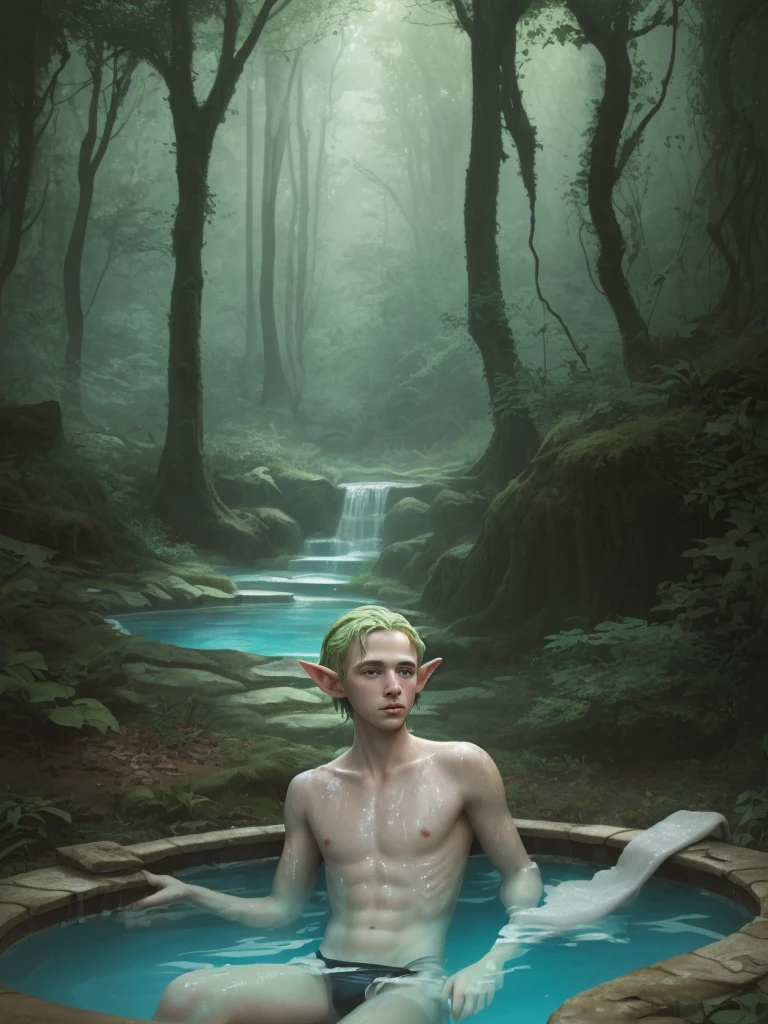 Young Elf. He bathes in a lonely pool. The pool is in a forest - SeaArt AI