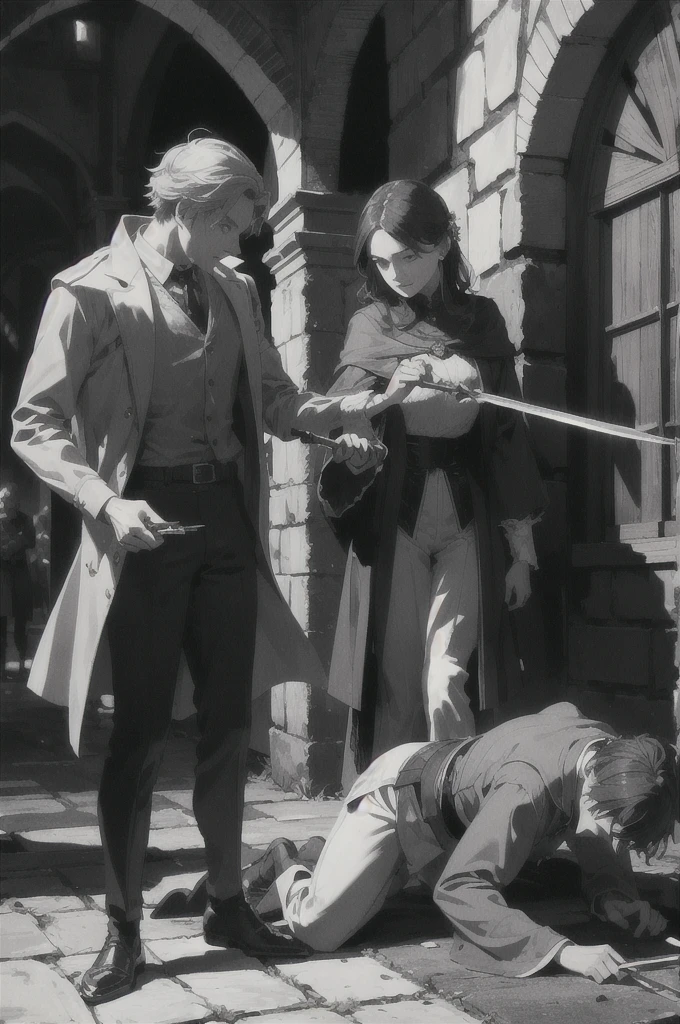 The murder of the master swordsman, investigation scene, dark, medieval