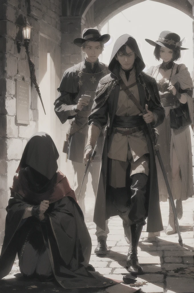 The murder of the master swordsman, investigation scene, dark, medieval