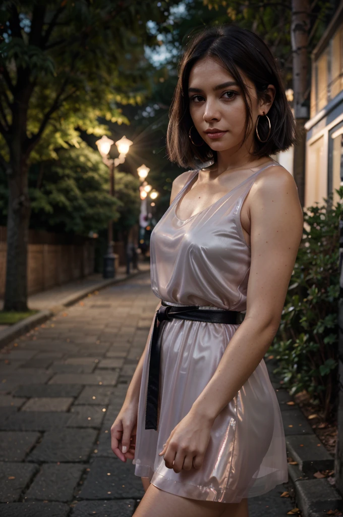 Midshot, woman, dusk setting, outdoor, transparent dress, black belt, standing, bokeh background, street lights, tree-lined pathway, wide shot, contemplative expression, gray hair, bob cut, natural makeup, big , hoop earrings, hand in pocket, warm color tone, blurred background, shallow depth of field, fashionable attire, young adult, dusk lighting
INFO
