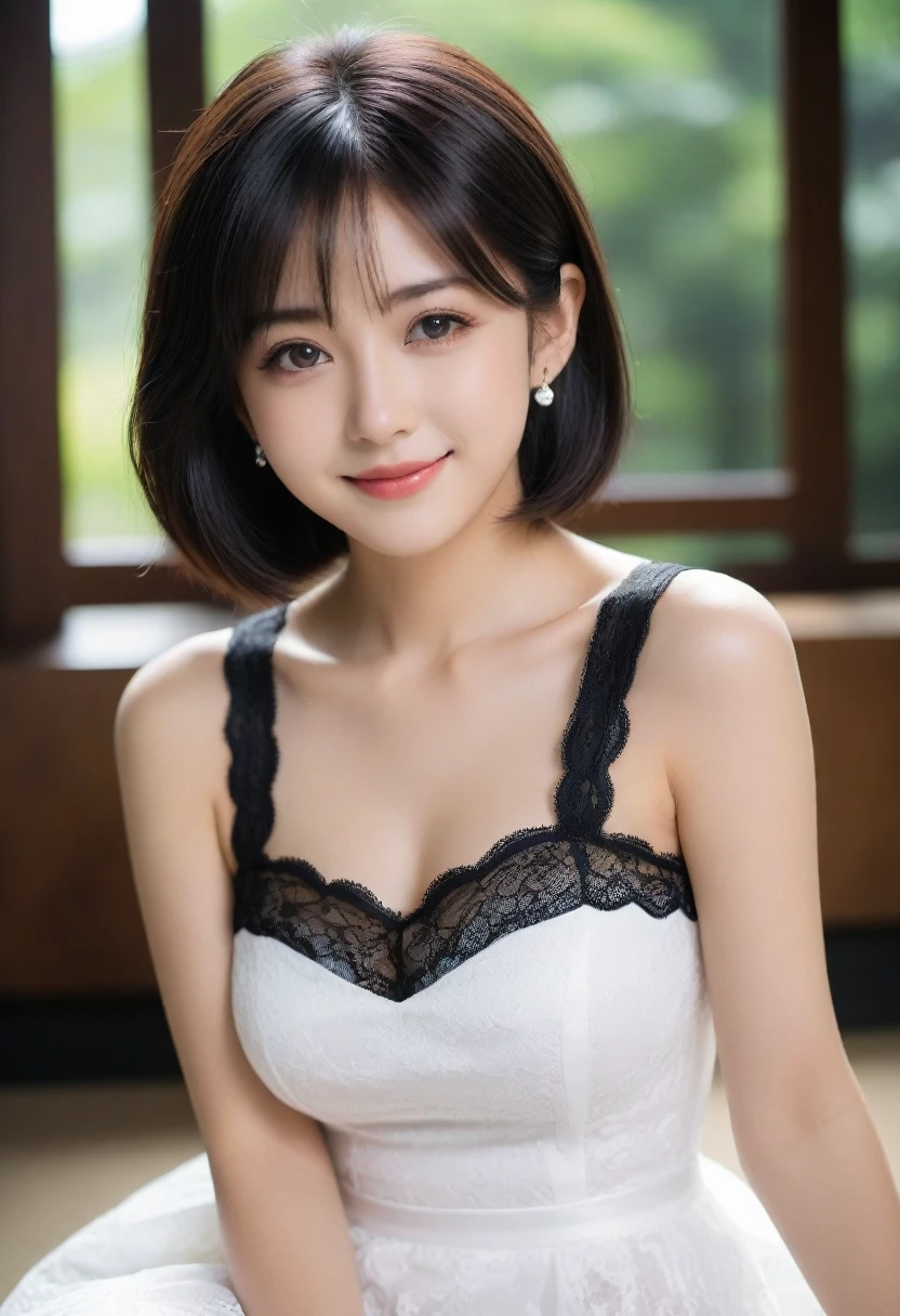 8K, Ultra-high resolution, Highest quality, masterpiece, 三分割法によるphotograph,Surreal, photograph, 1 Girl, (:1.3), pretty girl, Cute face, Beautiful eyes in every detail, 細かくdetailedに,masterpiece,, One Girl:1.2, Japan Female Announcer,whole body, ((Perfect Face)), One Girl、black eye、White dress with black lace, star (null), scenery, Crescent Moon Attractive Thighs, Sensual,A carefree smile,Heal the heart,Black Hair,Short Bob,Looking at the audience、beauty,Long neck、Laugh a little、Please close your mouth and laugh、(((Ideal body type))),A cup small breasts :2,、Portraiture:2、Perfect Anatomy、鮮明なdetailed、detailed、Surreal、Light and shadow,Strong light