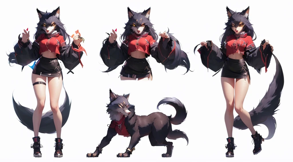 Close-up of a woman in a short skirt and a cat, Female anthropomorphic wolf, Female furry mini cute style, The Art of Silver Fox, Female furry, Gorgeous fox furry design, female rouge assassin, Total commission, Angry Moral Sexy Werewolf, Furry Characters, Holo is a wolf girl, ( ( Character Concept Art ) )