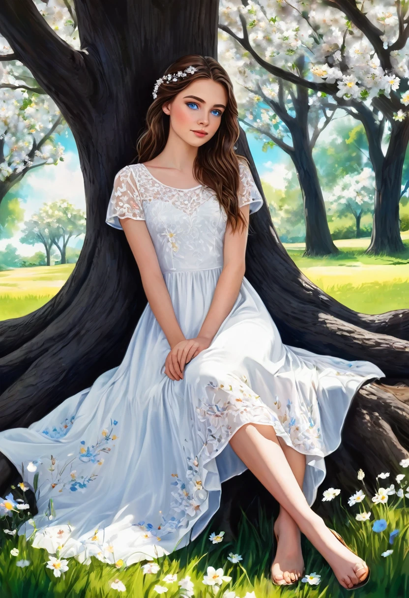 Create a 19 year old woman, brown hair and blue eyes and fair skin, wearing a white dress with flowers as decoration and sitting at the foot of a tree , Make the drawing with a dark appearance and don&#39;t get too close to it, making it look serious. 