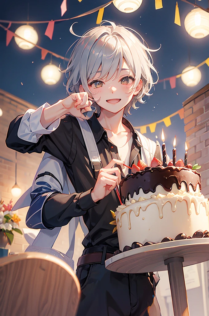 Celebrate a birthday,chum,Kizuna element,Young men,a cake,a smile,Gray Hair