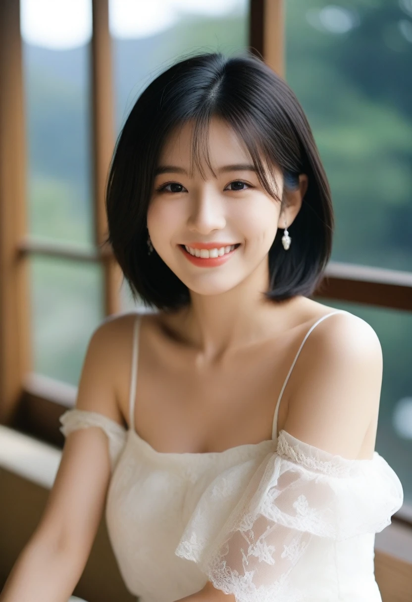 8K, Ultra-high resolution, Highest quality, masterpiece, 三分割法によるphotograph,Surreal, photograph, 1 Girl, (16 years old:1.3), pretty girl, Cute face, Beautiful eyes in every detail, 細かくdetailedに,masterpiece,, One Girl:1.2, Japan Female Announcer,whole body, ((Perfect Face)), One Girl、black eye、White dress with black lace, star (null), scenery, Crescent Moon Attractive Thighs, Sensual,A carefree smile,Heal the heart,Black Hair,Short Bob,Looking at the audience、beauty,Long neck、Laugh a little、Please close your mouth and laugh、(((Ideal body type))),A cup small breasts :2,、Portraiture:2、Perfect ???????、鮮明なdetailed、detailed、Surreal、Light and shadow,Strong light