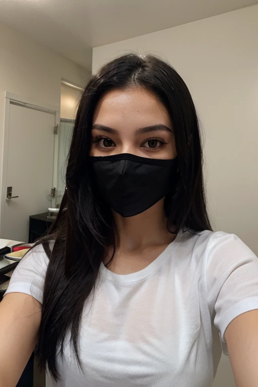 Sexy girl with long black hair taking a selfie with black mask and white shirt