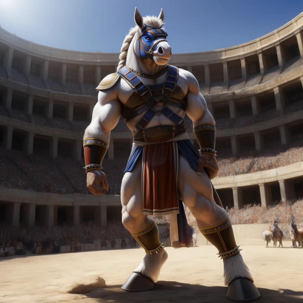 Furry, Kemono, Antropomorphic, Equine, solo, (Color White), Furry Antropometric legs, Two legs, Biped, Hooves, Antro body, Bigg Ass, Male Bulge, Bigg Balls, Full body, Braided Mane, Roman gladiator armor, Gladiator, Black leather harness, Spiked Anklet, White fitted fundoshi, Roman arena with public in the stands, Blue Pupil Eyes, High Resolution, 4K Detailed, Good Lighting, Beautiful, Photorealistic, Realistic, White Fundoshi, tight loincloth, tale, tale horse