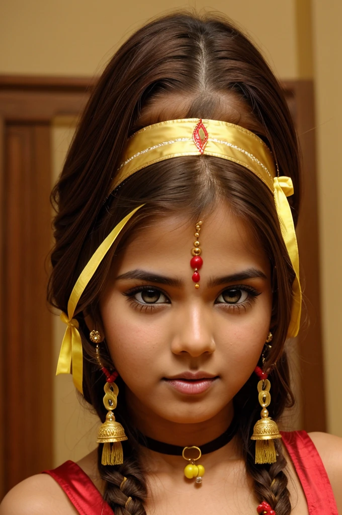 1 girl, Double beam, Brown hair, yellow eyes, red ribbon in hair, bells in hair, in a sexy Indian costume, 1 boy, Blow job, drool, blush, sperm