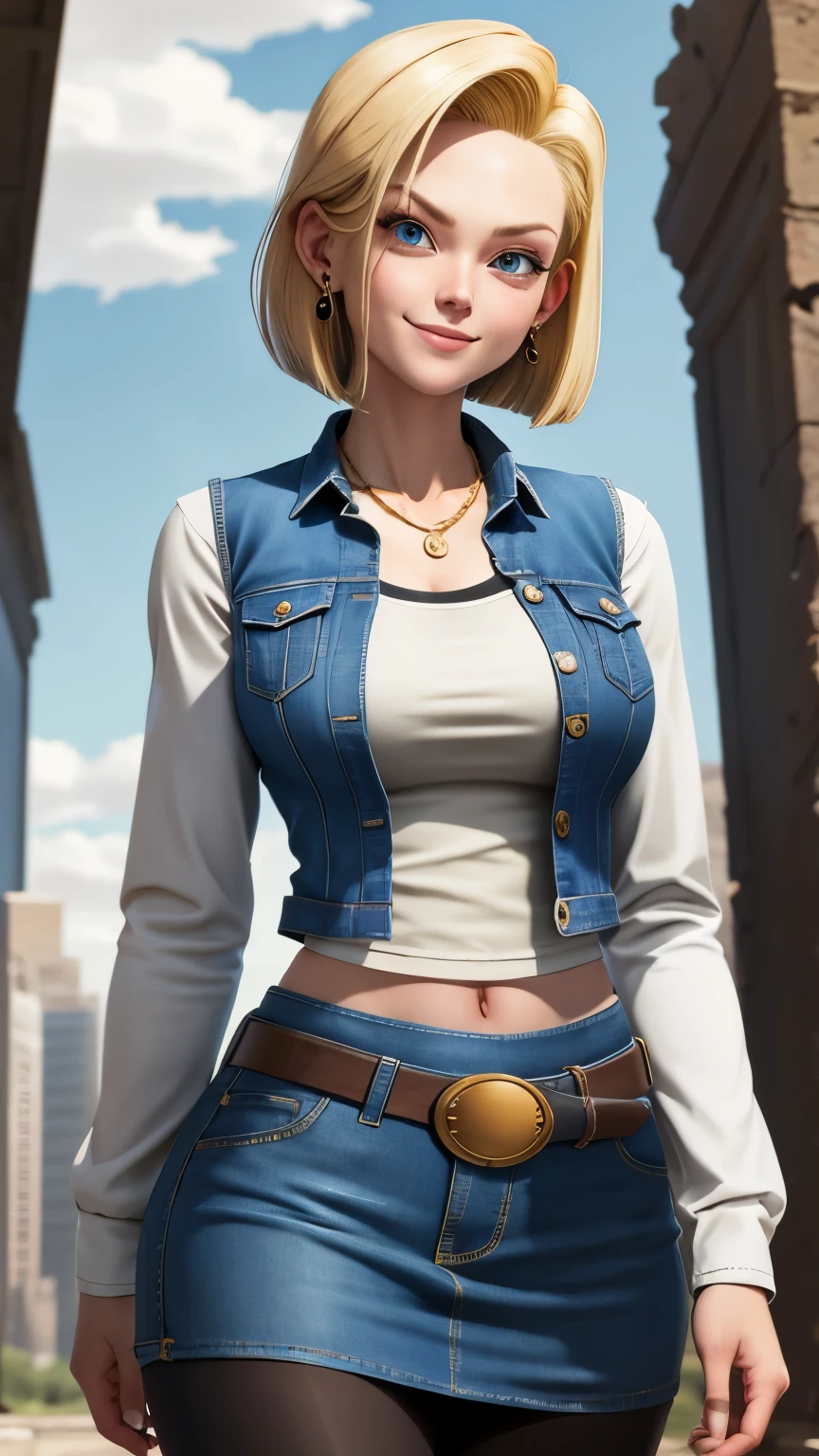 best quality, high-res, and18, 1girl, android 18, solo, blonde hair, blue eyes, belt, tight blue demin skirt, gold necklace, black shirt, short hair, long sleeves, striped sleeves, earrings, open vest, blue denim vest, large breasts, cowboy shot, city park, straight-on, (weather: windy), walking, full length pantyhose, battle ruins, wide hips, shy smile,thin waist and wide hips