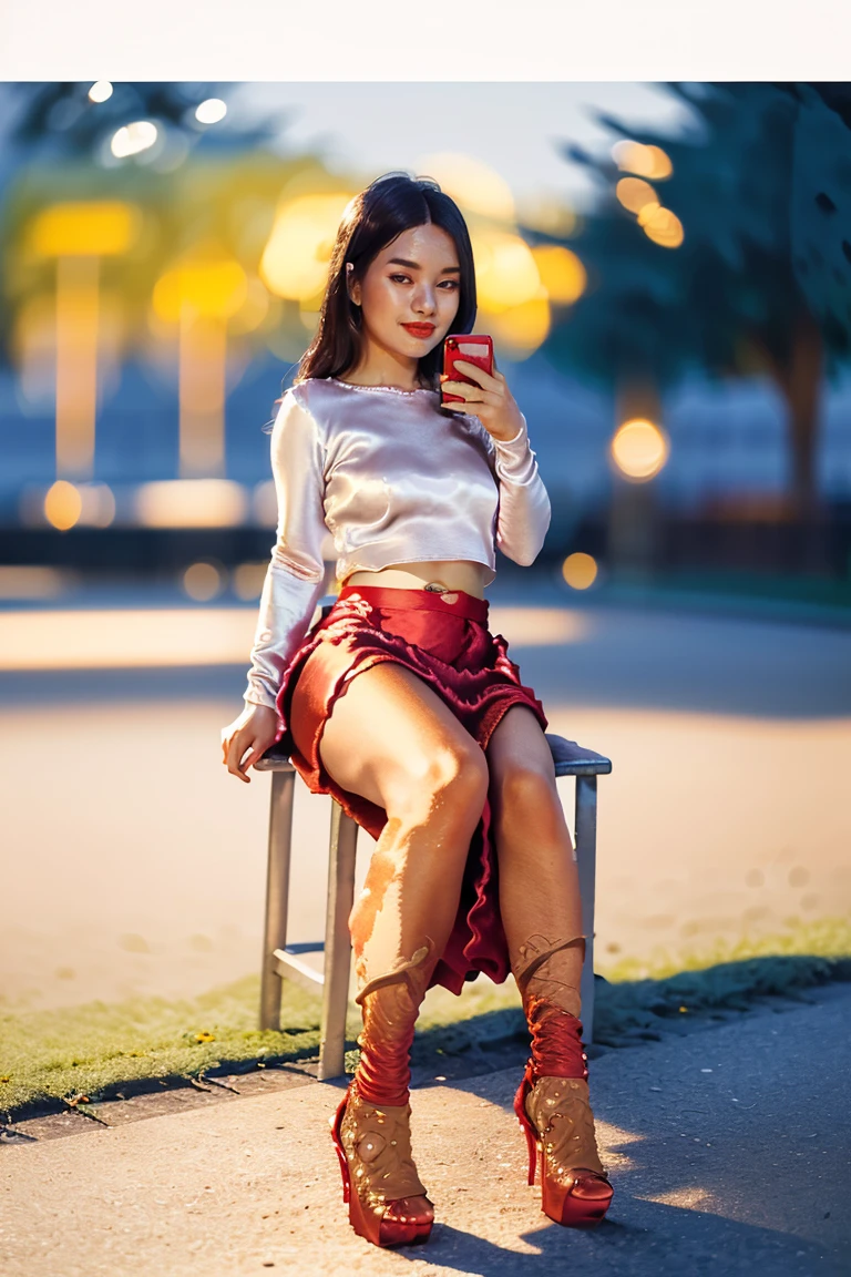 arafed asian woman in a satin dress, (((full body view:2))), ((pretty lady MoonLay:1.2)), (pretty lady MoonLay), ((((pretty lady MoonLay's blushing sweet face and cute smile:1.3)))), ((stylish seductive sitting pose with smartphone for photography:1.5)), ((wearing latex mini skirt)), (((wh1t3,worn white sweater,black latex thighhighs,black skirt, black platform bootsr:1.2))), ((((slim and very voluptuous body figure)))), ((white top dress:1.5)), ((((red satin skirt:1.6)))), ((blue sandal high heel)), south east asian with square face, traditional beauty, beautiful asian girl, anime thai girl, a young beautiful asian woman, (((photorealistic background))), ((in a beautiful park with vibrant colorful trees background:1.5)), ((cinematic star shaped bokeh background blur:1.7)), (((photorealistic cloudy evening sky with golden sunlight15))), (cinematic enhance HDR portrait glow lighting))), perfect anatomy, cannon mark v, DSLR quality, (perfect anatomy), (perfect toes), (perfect hands), (realistic smartphone), perfect hands, 