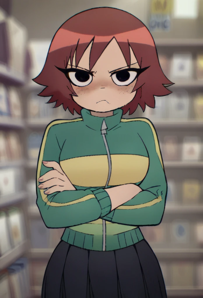 score_9, score_8_up, (dof, blurred background:1.4), indoors, video store, kim pine, looking at viewer, 1girl, solo, angry, blush, wide hips, narrow waist, freckles, red hair, black eyes, short hair, curvy:1.4, crossed arms, green track jacket, black pleated skirt, purple pantyhose