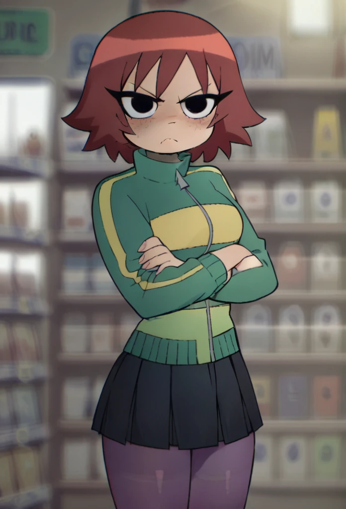 score_9, score_8_up, (dof, blurred background:1.4), indoors, video store, kim pine, looking at viewer, 1girl, solo, angry, blush, wide hips, narrow waist, freckles, red hair, black eyes, short hair, curvy:1.4, crossed arms, green track jacket, black pleated skirt, purple pantyhose 