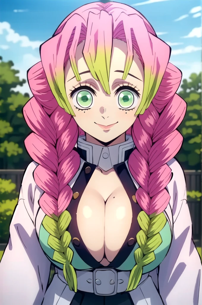 (masterpiece, best quality),  intricate details,
1girl,  MitsuriKanroji,  kanroji mitsuri, demon slayer, 1girl, solo, upper body, sky, long hair, smiling, green eyes, pink hair, braid, outdoors, green hair, mole, blurry, twin braids, mole under eye, parody, portrait, close up, large breast, huge breasts, bikini top