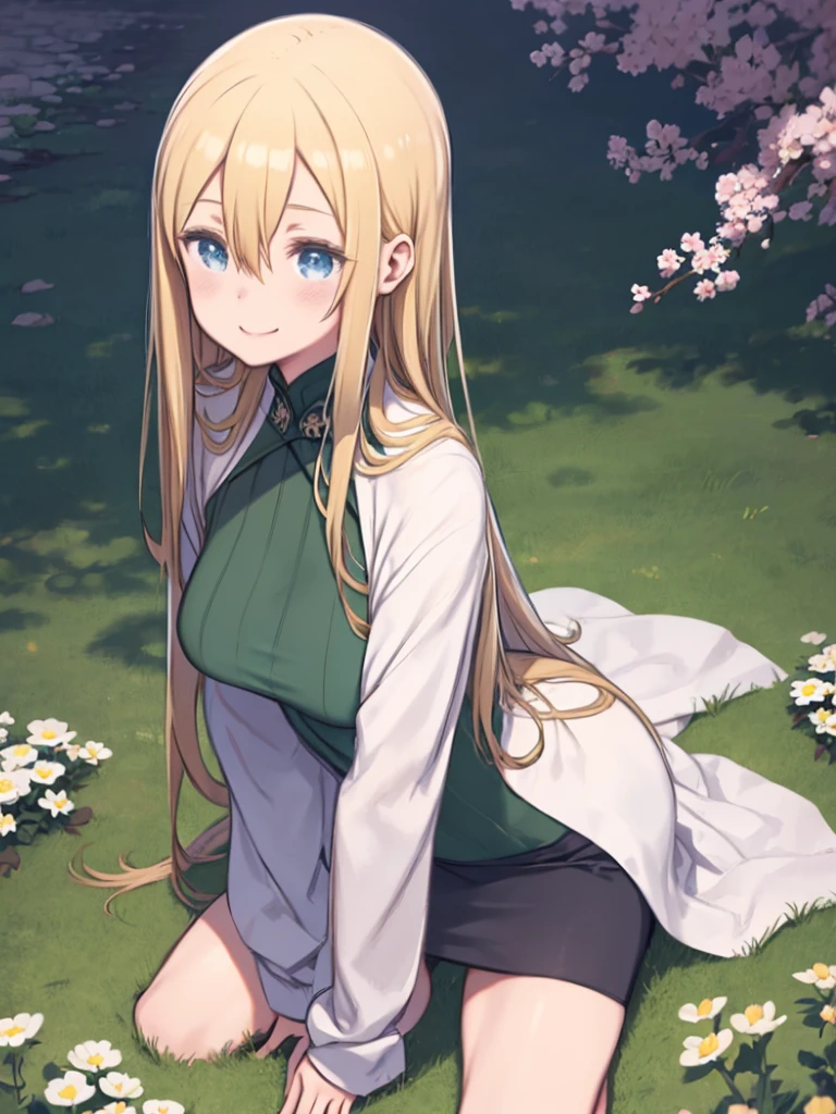 One Girl、Long blonde、Hair between the eyes、Big Breasts、Green Turtleneck Sweater、Black pencil skirt、White Cape、Sitting on the ground looking at the flowers、Crouching、Hands in the hair、Smiling、Flat Color、flower bed、