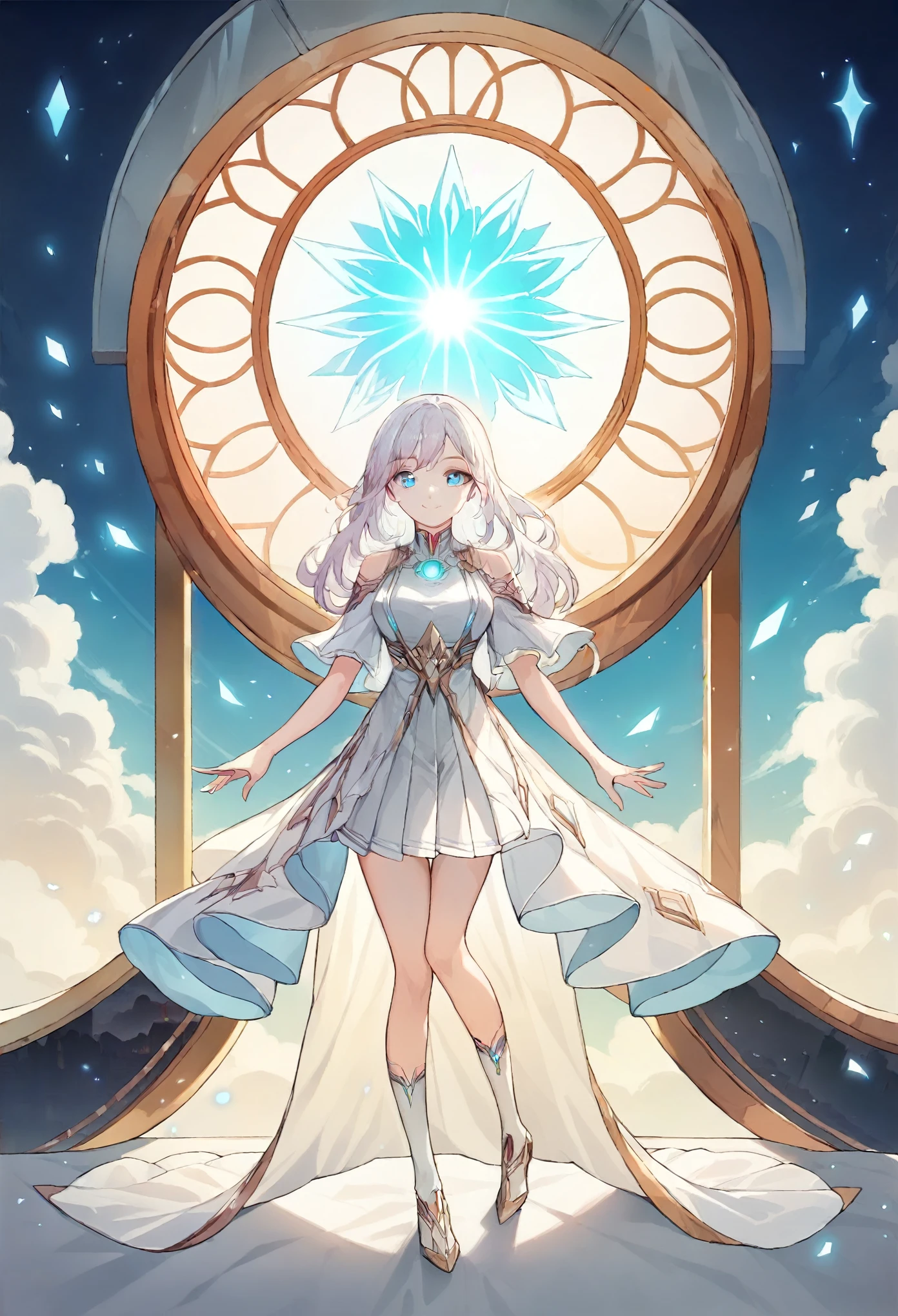 Official Art, masterpiece, Clear focus, (Beautiful, gorgeous and lovely Korean woman:1.3), (Beautiful and cute Korean:1.3), Korean beauty, Exquisite and beautiful hair、Eyes and face, Practical, Extremely detailed, beautiful girl, Blue sky, Glowing white particles, (Side Light:1.2), Sunlight, White Cloud, Detailed clouds, slim, Very cute big boobs and big butt, Expose牙齿微笑, ((Smile with your eyes, Open your eyes)), landscape, Long and straight hair, Sexy facial expressions, architecture, (city View:1.7), Dynamic Hair, Long and straight hair, Detailed platinum pink hair, Blue eyes, (Blue Pleated Shirt + White skirt), White socks, Pale skin, Hair accessories, epic landscape,Expose，Not Wearing