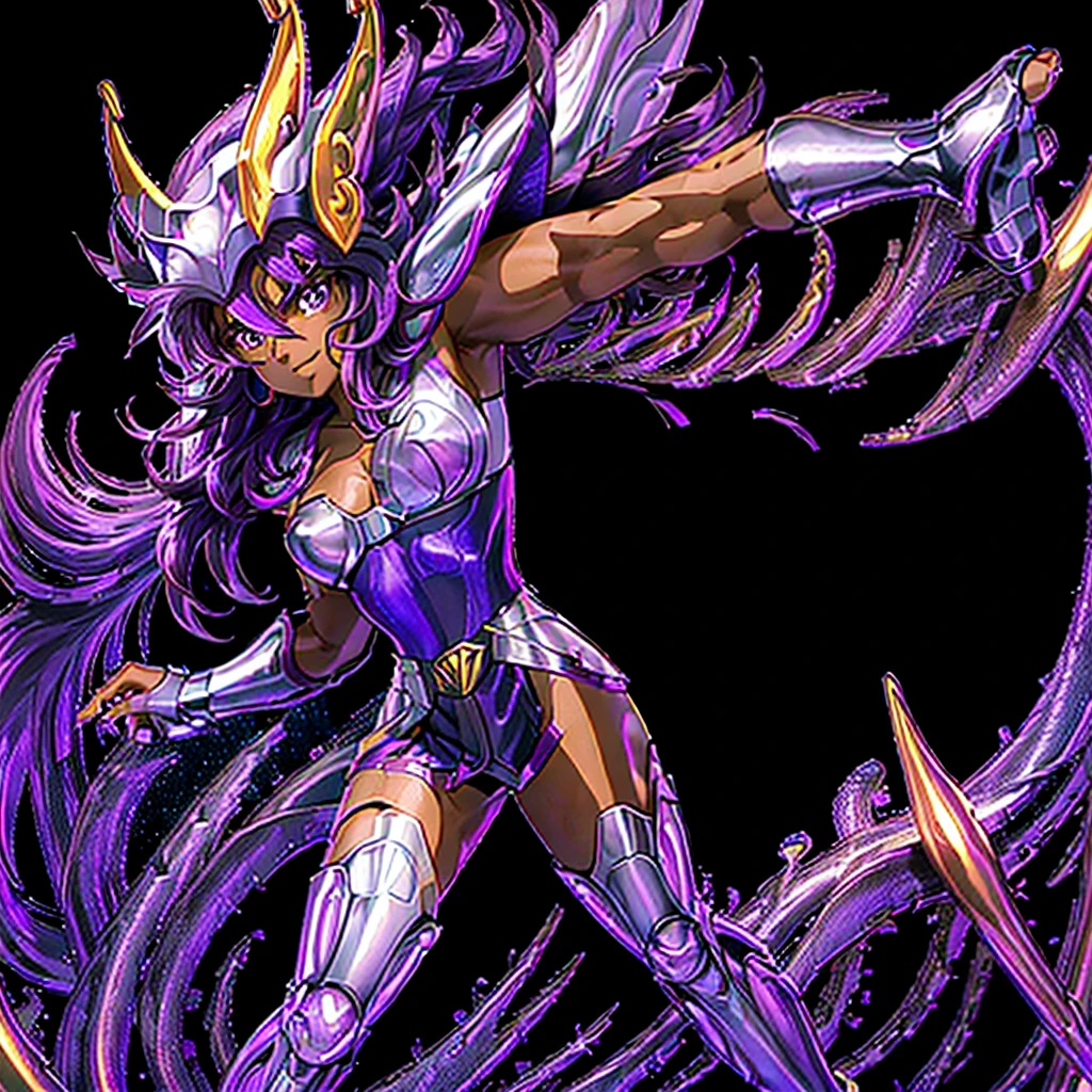 A dark-skinned woman wearing armor, Saint Seiya, Purple Unicorn Armor, dark and purple hair, long braided hair, charismatic character, Second Life Avatar, Good screenshot, Attractive woman full body view, high quality, very detailed skin