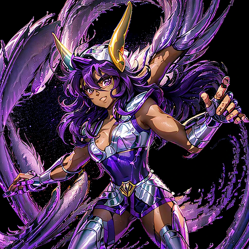 A dark-skinned woman wearing armor, Saint Seiya, Purple Unicorn Armor, dark and purple hair, long braided hair, charismatic character, Second Life Avatar, Good screenshot, Attractive woman full body view, high quality, very detailed skin